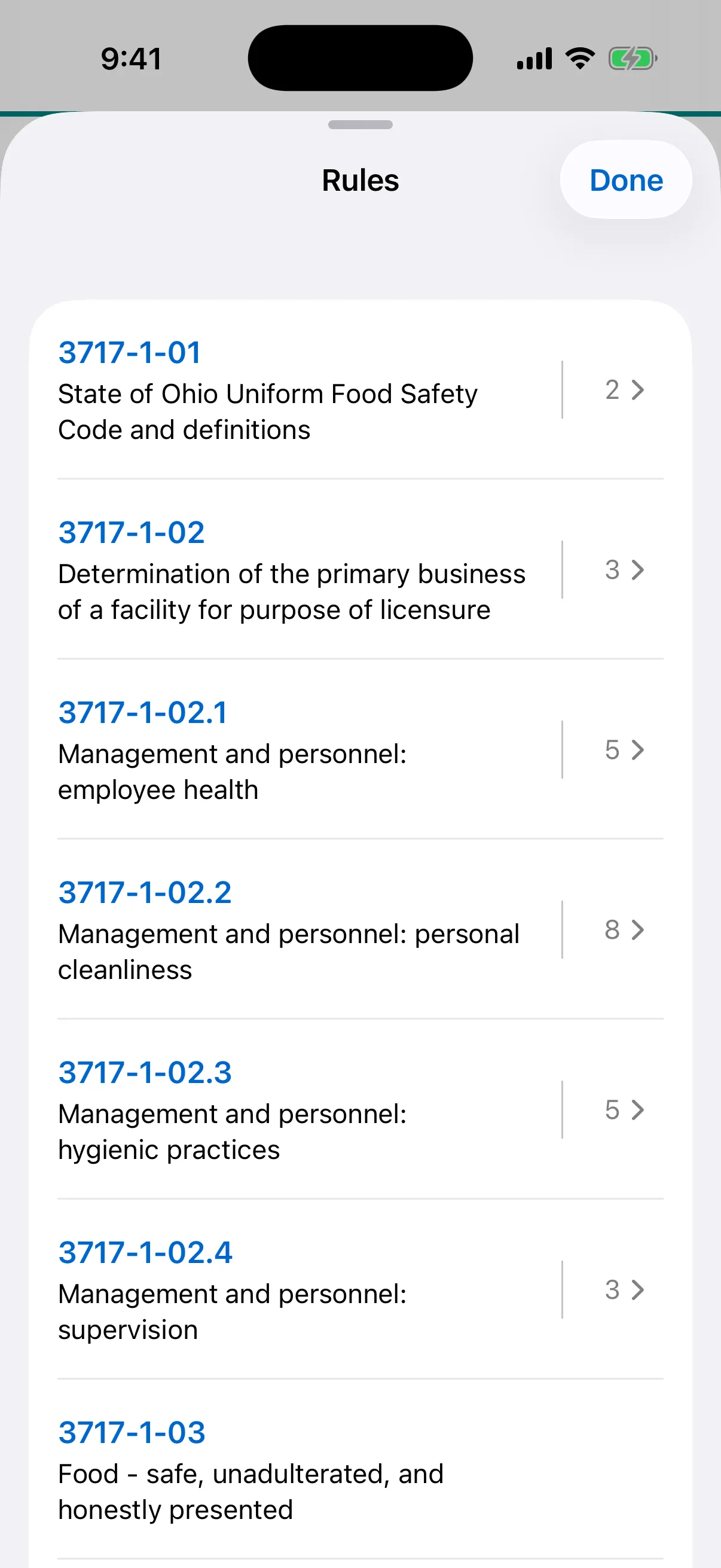 The chapters and sections of the Ohio Food Code listed in the iPhone app